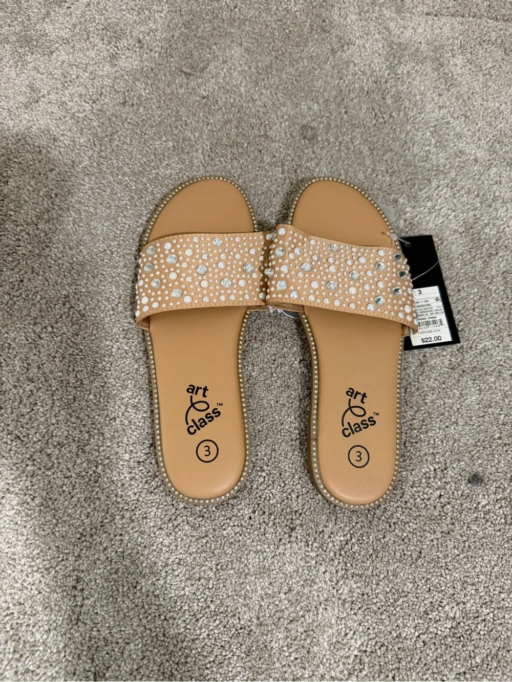 art class Tan Rhinestone-Embellished Slide Sandals